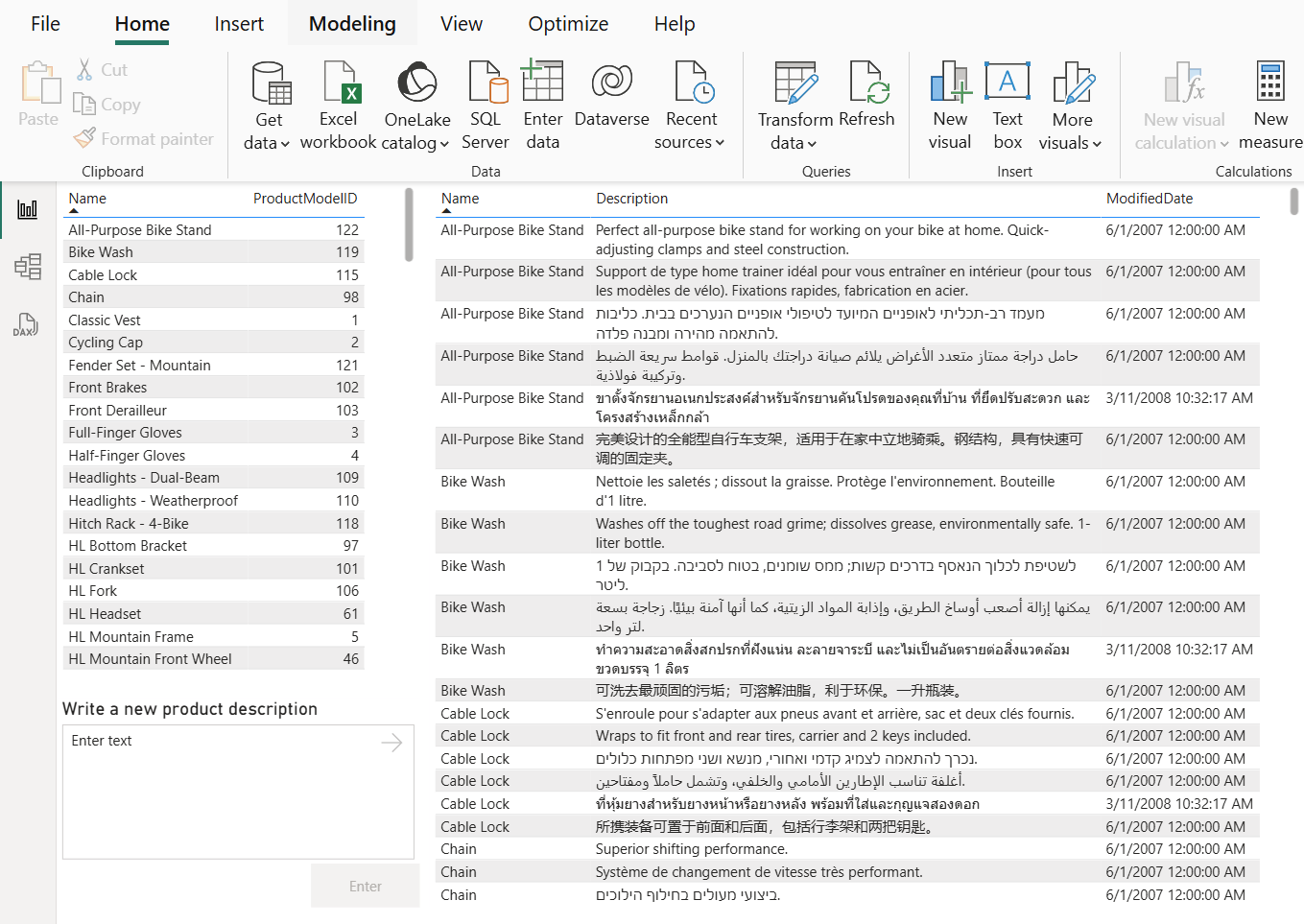 Skjermbilde som viser Power BI-rapporten med en ny tabell lagt til i den.
