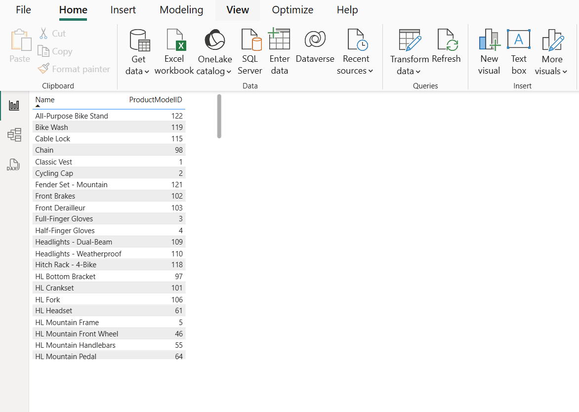 Skjermbilde som viser Power BI-rapporten med én tabell lagt til i den.