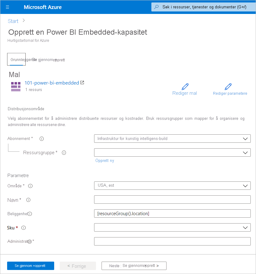 Screenshot shows the Basics tab of the Create a Power B I Embedded capacity page to create new capacity in the Azure portal.