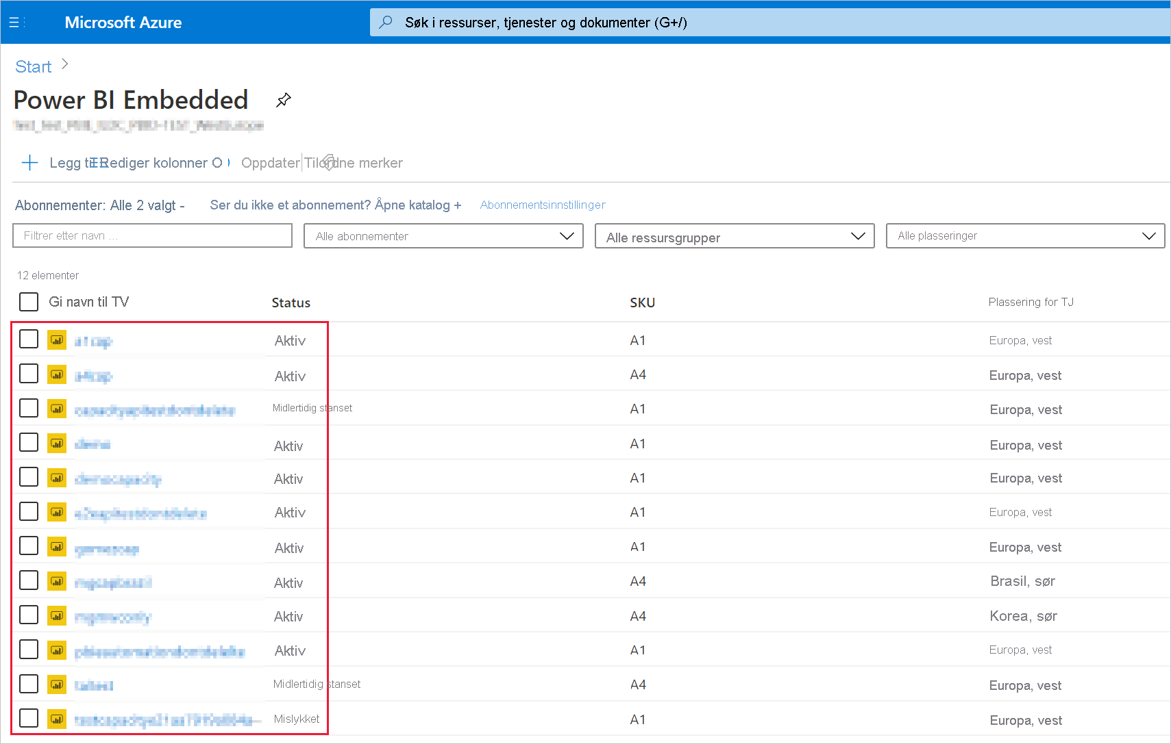 Screenshot of a Power BI Embedded capacity list in the Azure portal.