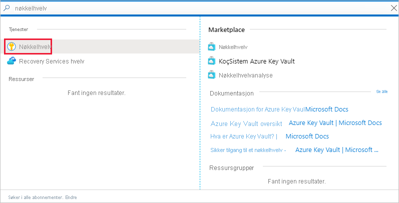 Skjermbilde av Azure Portal-vinduet, som viser en kobling til nøkkelhvelvtjenesten i tjenestelisten.