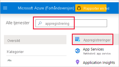 Screenshot of the Azure portal, with app registration in the search box. That box and the App registrations icon are highlighted.