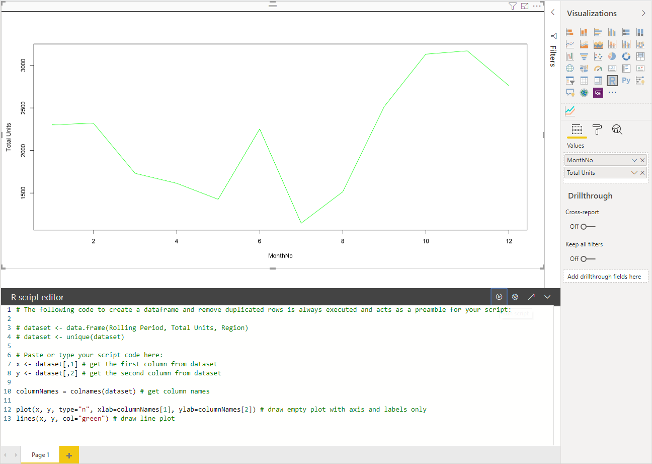 Screenshot shows the result of running the script, which is a line plot.