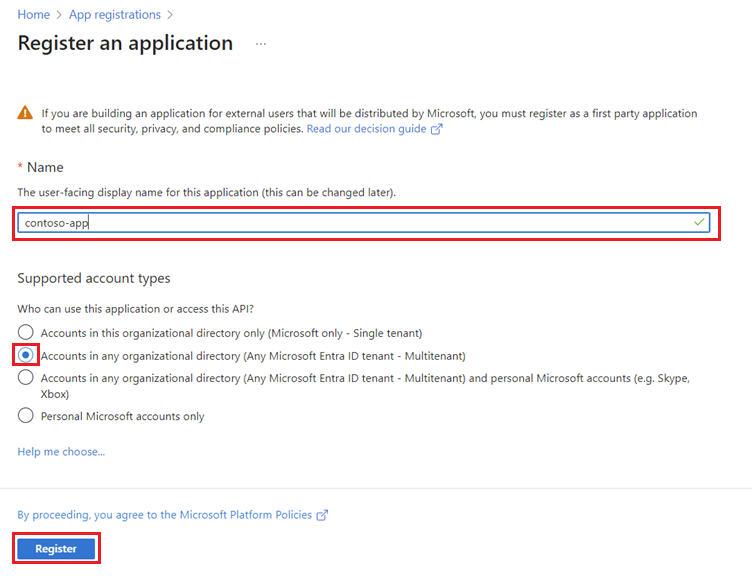 Skjermbilde av Siden Registrer en app i registreringsappen for Microsoft Entra ID.