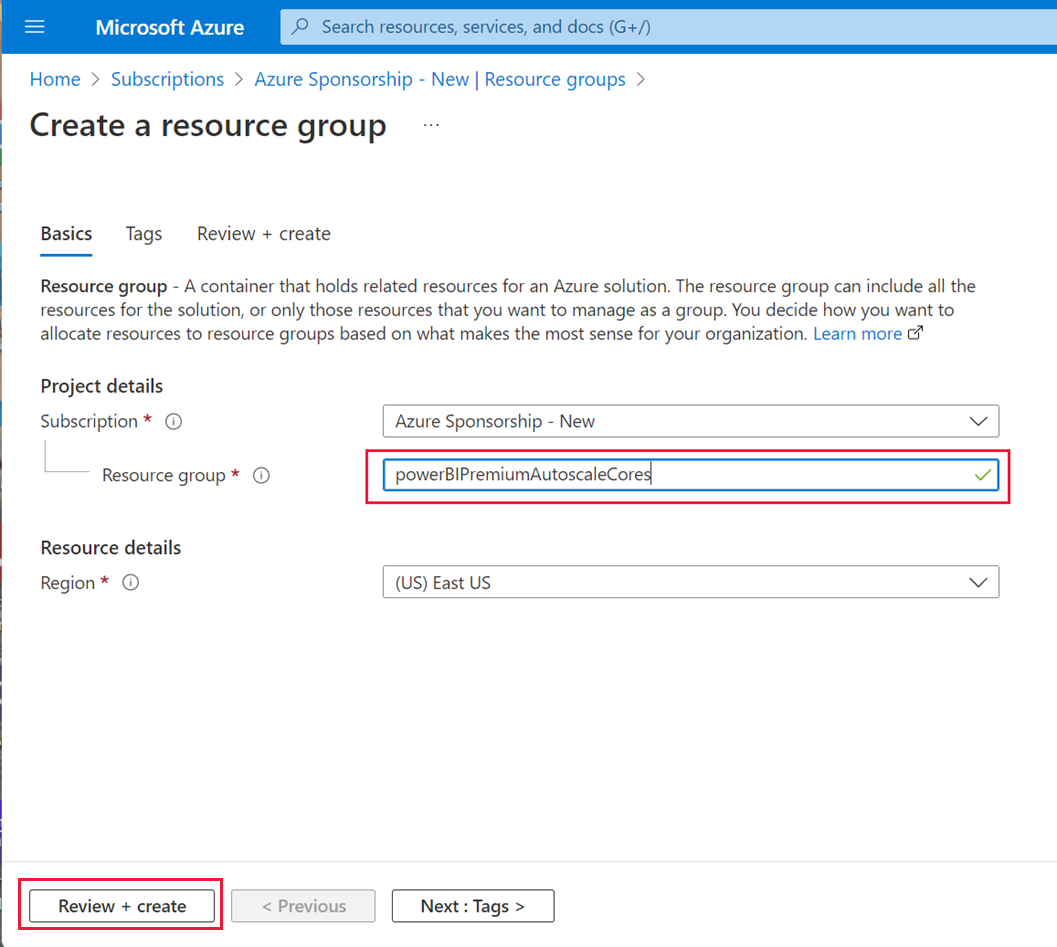 Screenshot of the create a resource group page. The resource group text field and the review plus create button are highlighted.
