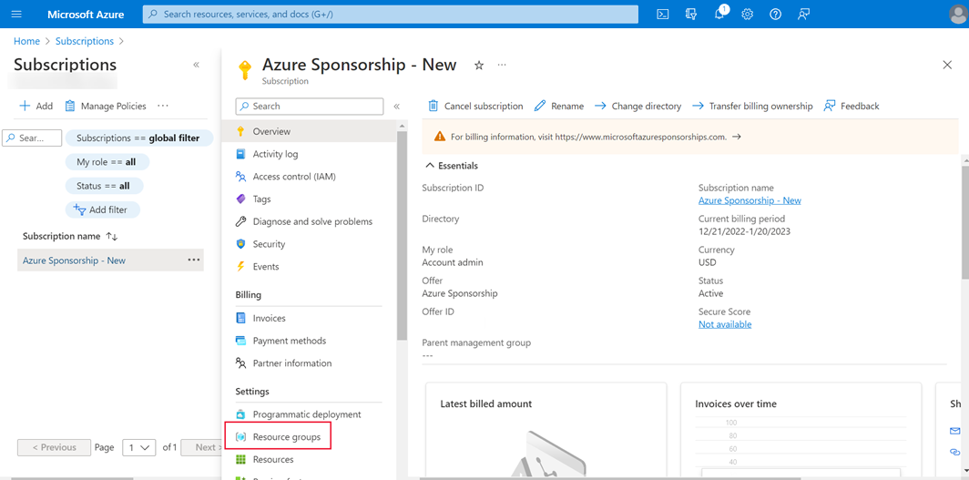 Screenshot of the Azure portal showing the subscription pane. Resource groups is highlighted in the settings section.