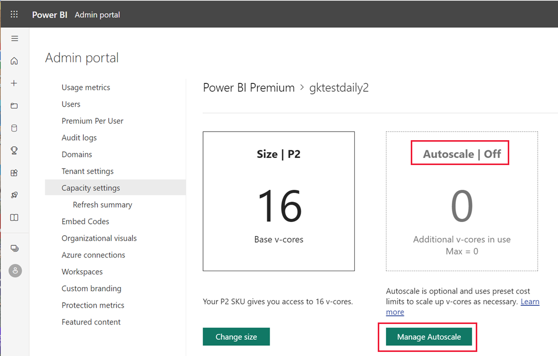 Screenshot of the Power BI Admin portal showing capacity settings. Autoscale off and the manage Autoscale button are highlighted.