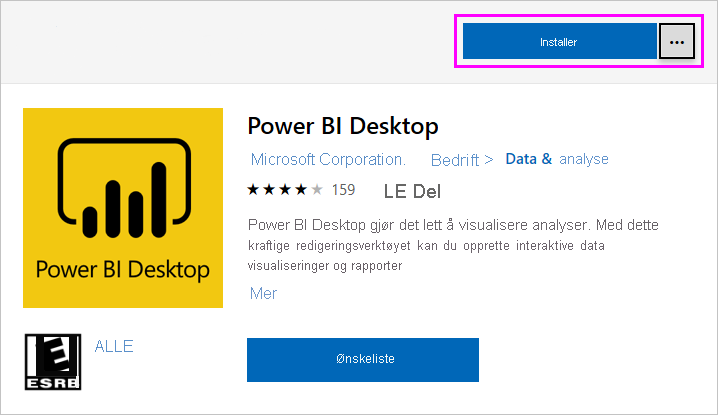 Screenshot of Microsoft Store showing the Power BI Desktop install option.
