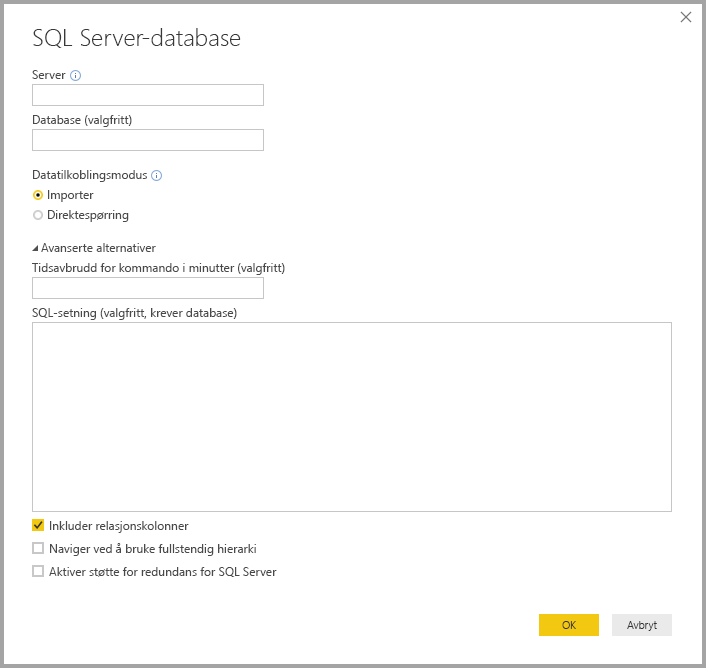 Screenshot of Power BI Desktop showing SQL Server database dialog box.