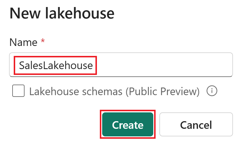 Skjermbilde som viser inndatafeltet for Navn på Lakehouse.