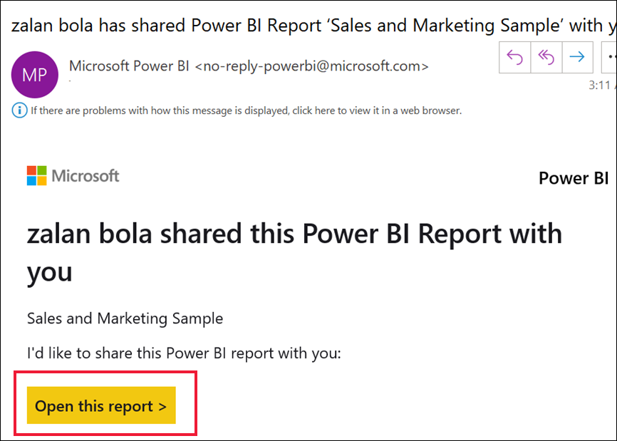 Skjermbilde av Power Bi-tjeneste som viser en e-postmelding som sendes fra powerbi.com.