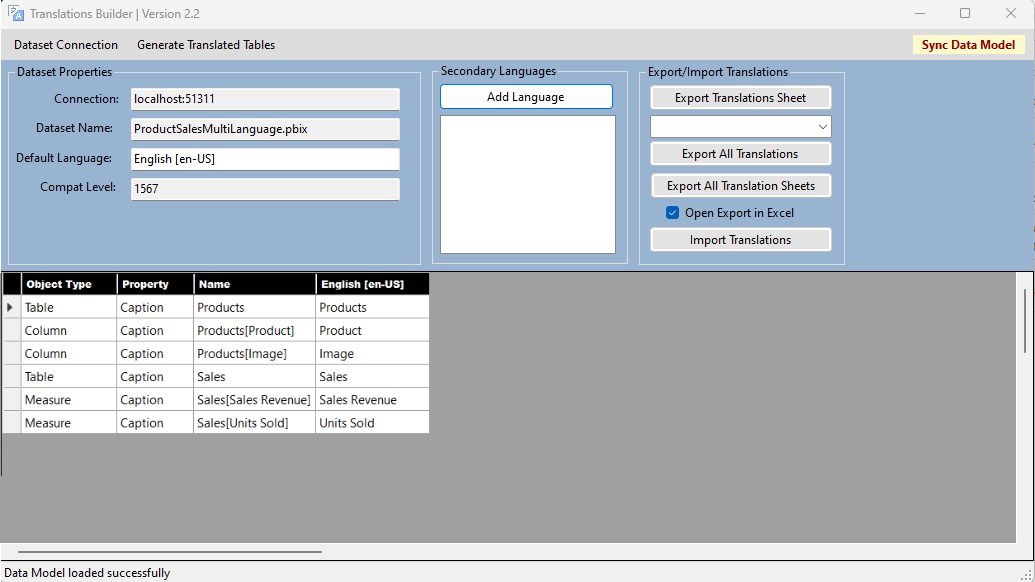 Screenshot shows Translations Builder with no languages added.