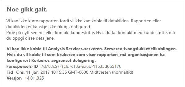Screenshot of Power B I Reports showing error message related to issues connecting with Analysis Services server.