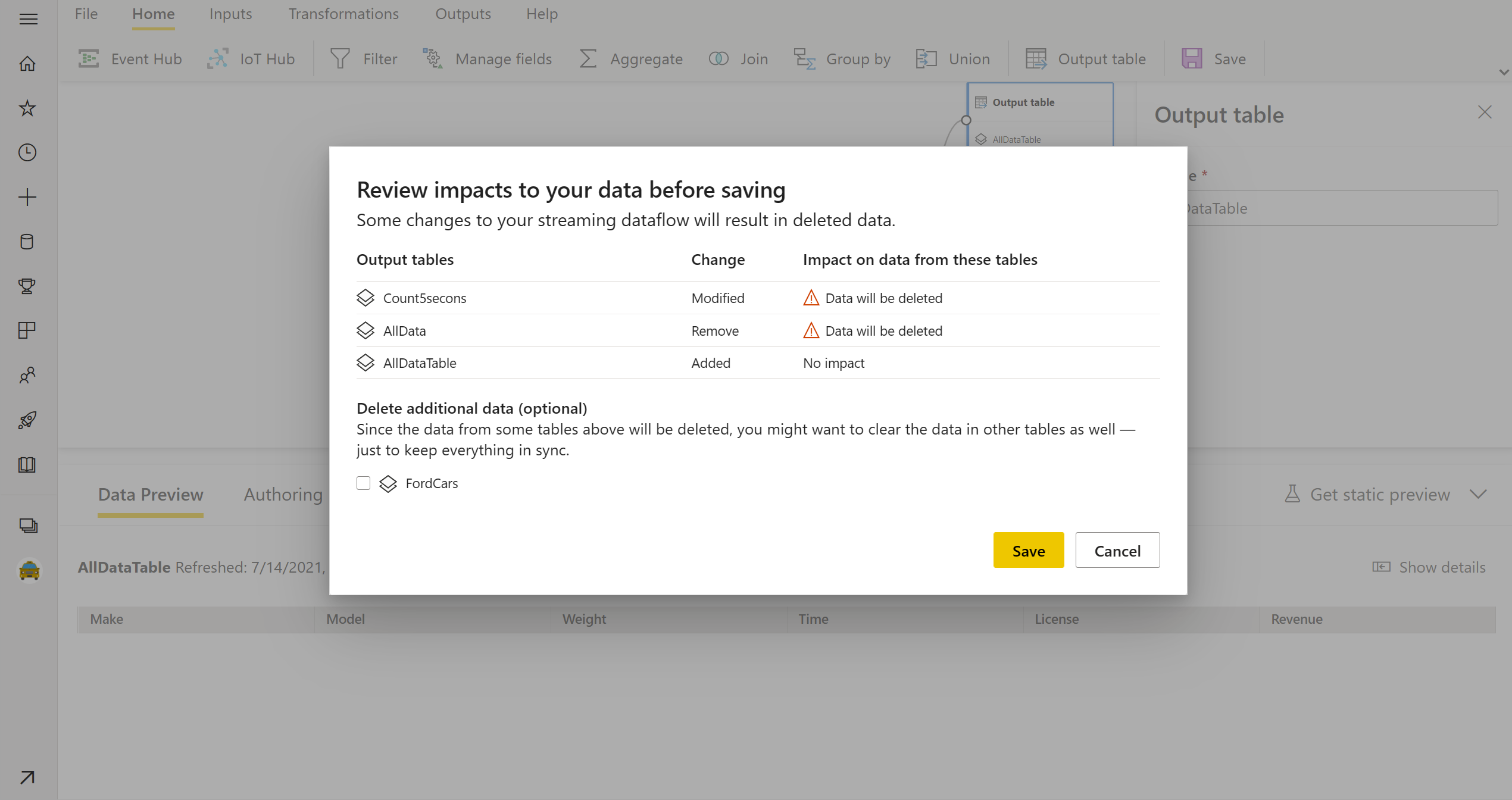 Skjermbilde som viser en informasjonsmelding som viser endringene som er gjort i utdatatabeller og deres innvirkning.