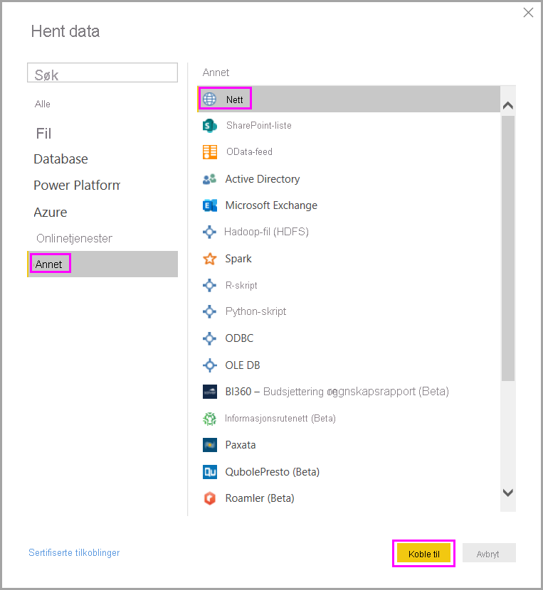 Screenshot of the Get data dialog box highlighting the option to connect to a Web data source.