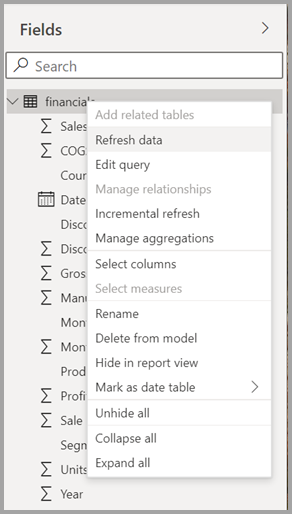 Screenshot of the new context menu for a table in Power BI Desktop.