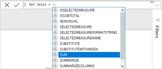 Skjermbilde av SUMMER valgt fra en liste på formellinjen.