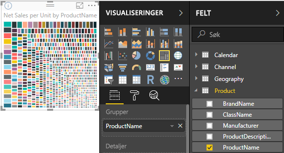 Skjermbilde av trekart etter produktnavn.