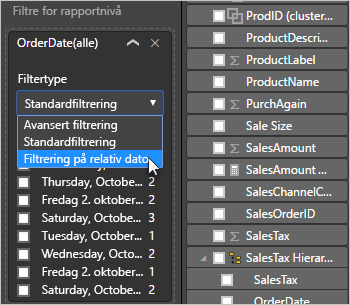 Screenshot showing the Relative date option highlighted in the Filter type drop-down.