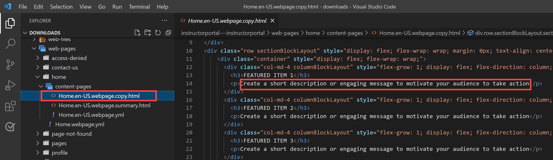 Visual Studio Code med tekst uthevet for endring.