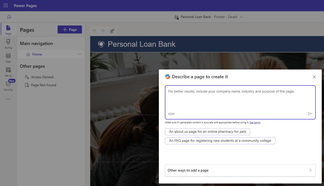 Skjermbilde som viser alternativet for å opprette en side ved hjelp av Copilot.