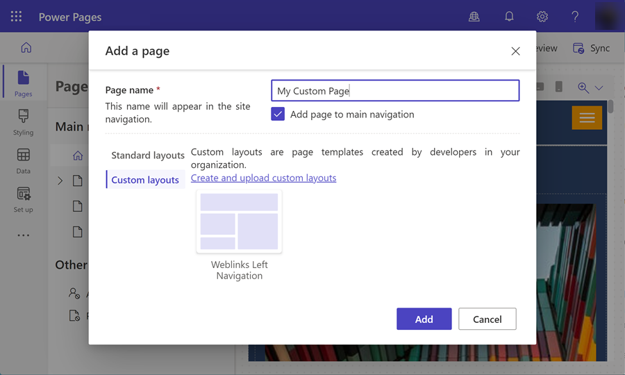 Velg egendefinert sideoppsett når du oppretter en ny webside.