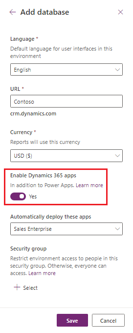 Velg Aktiver Dynamics 365-apper. Velg Aktiver Dynamics 365-apper.