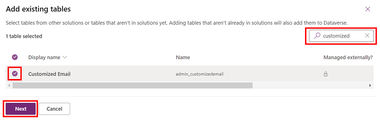 Skjermbilde som viser hvordan du søker etter en tabell og velger den Skjermbilde som viser hvordan du søker etter en tabell og velger den
