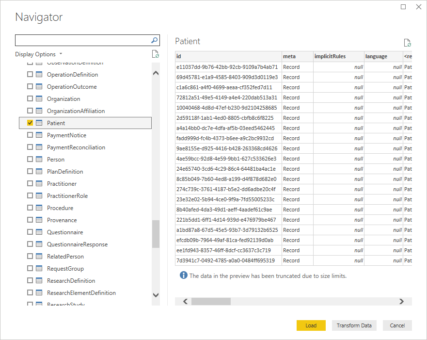 Screenshot of the Navigator with the FHIR Patient resource selected, and the patient records shown in the display window.