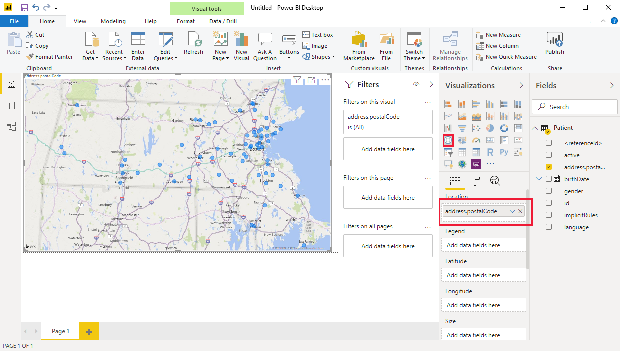 Screenshot of the Power Query Desktop with the address.postalCode emphasized in the Location box, with a map showing each patient postal code as a dot on the map.