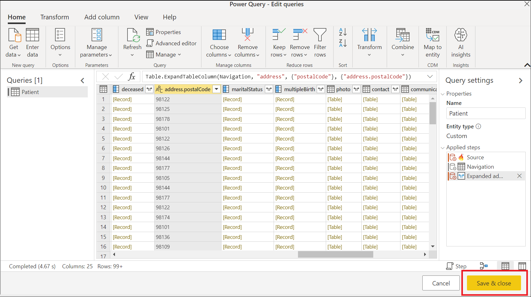 Screenshot of the Power Query editor with the Save & Close button emphasized.