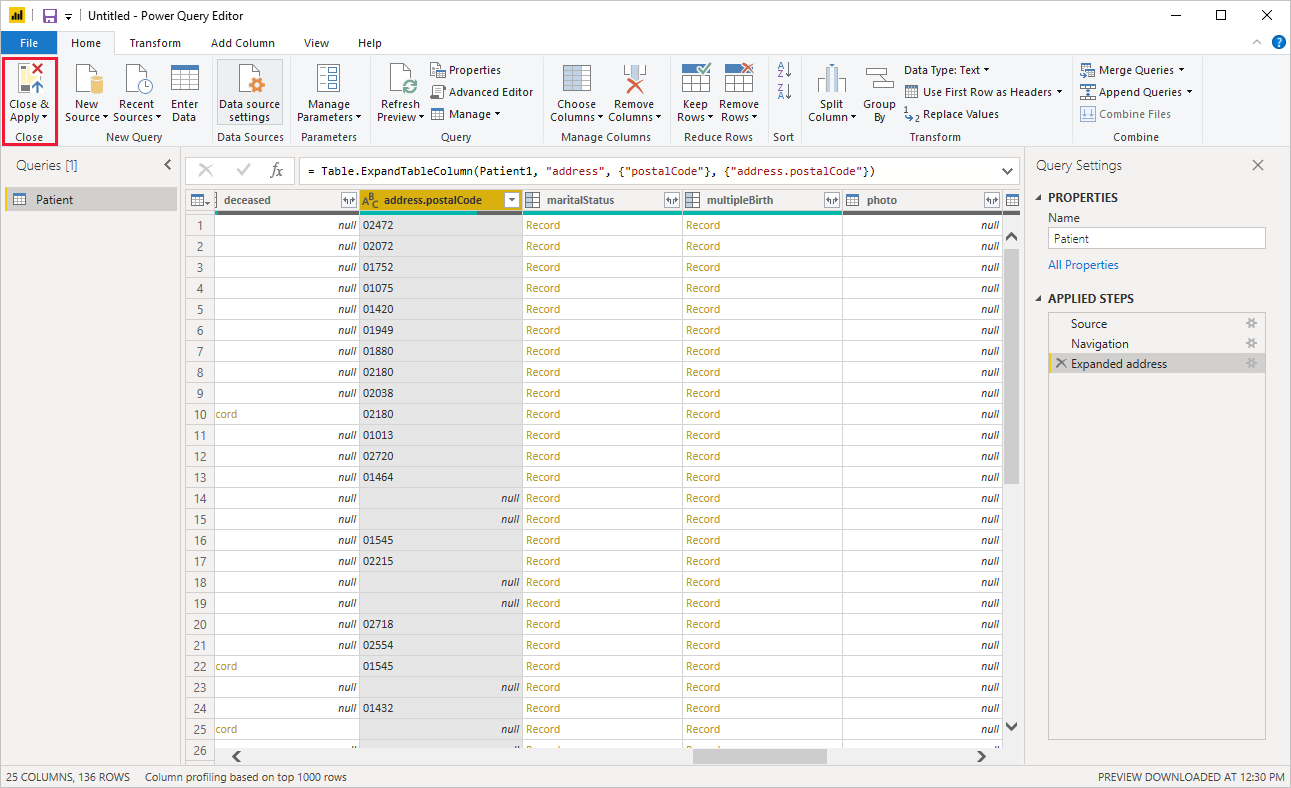 Screenshot of the Power Query editor with the postal code expanded and the Close & Apply selection in the Home tab emphasized.