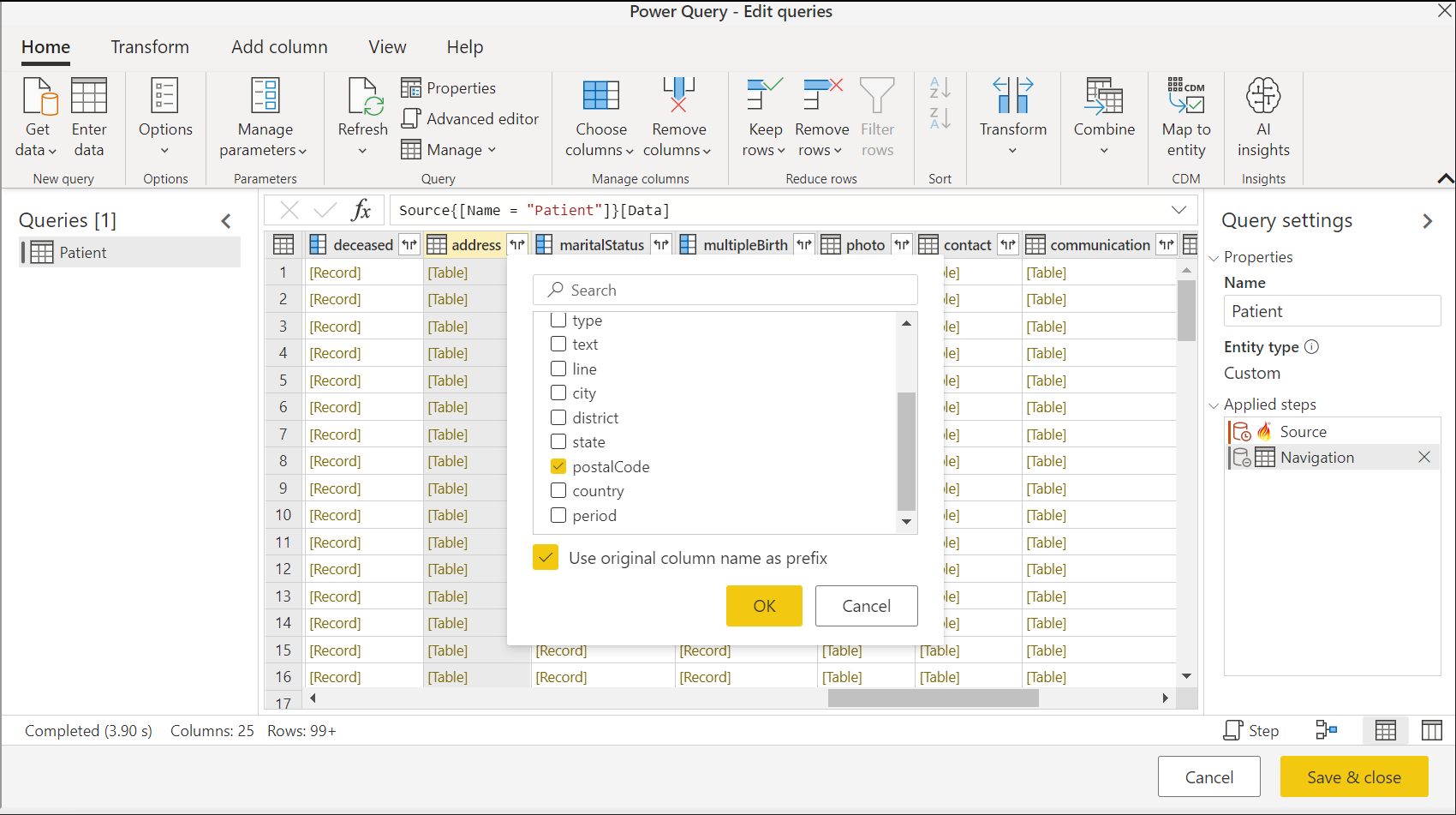 Screenshot of the Power Query editor with the address column selected, and the postal code selected for expansion.