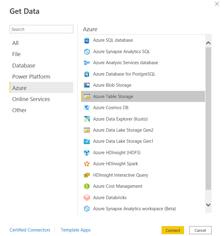 Skjermbilde av dialogboksen Hent data, som viser Azure Table Storage-databasevalget.