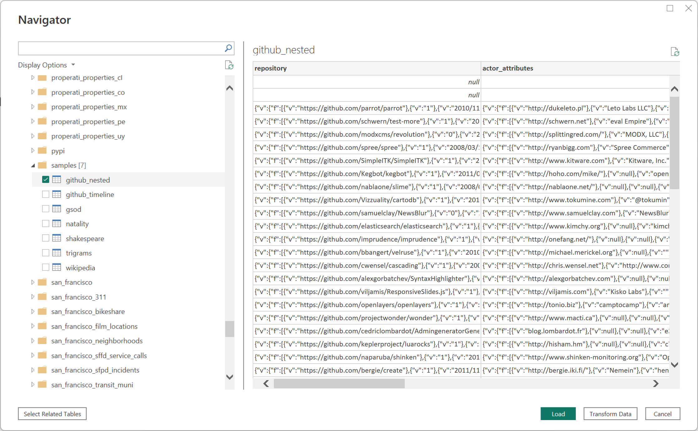 Skjermbilde av støtte for Nestede felt for Google BigQuery.
