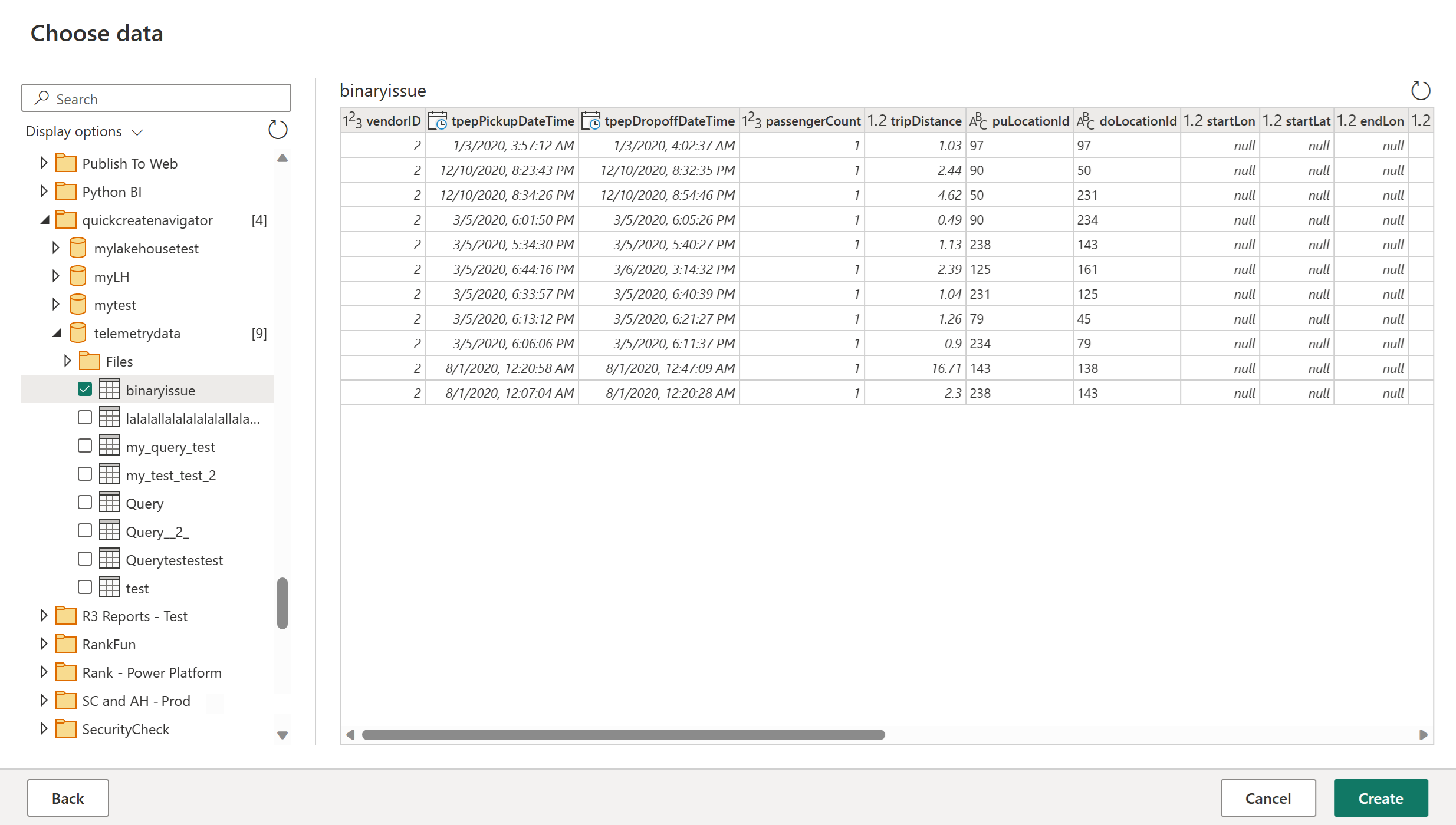 Screenshot of the choose data screen with the test examples item selected and the corresponding data on the right side.