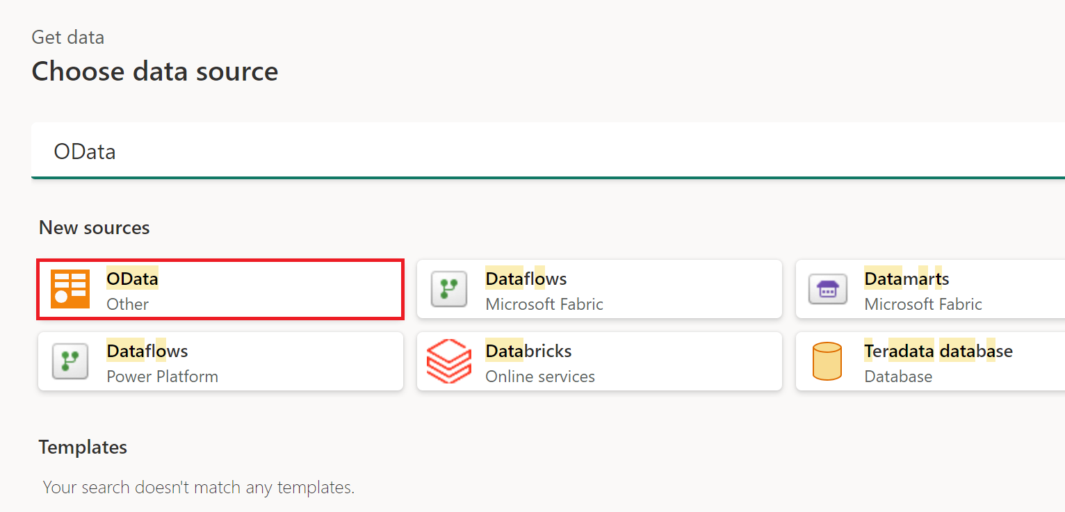 Skjermbilde av hent data-vinduet med OData understreket.