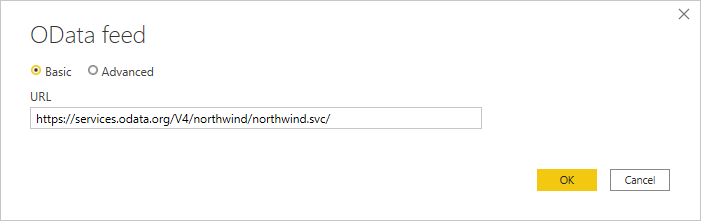 Skjermbilde av dialogboksen for OData-feedtilkobling med OData-eksempel-URL-adressen angitt.