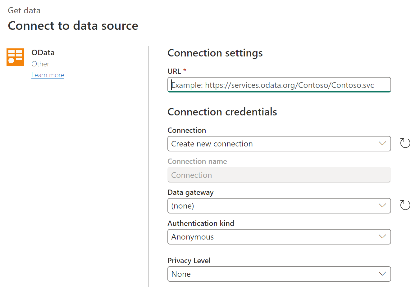 Skjermbilde av påloggingssiden for OData online.