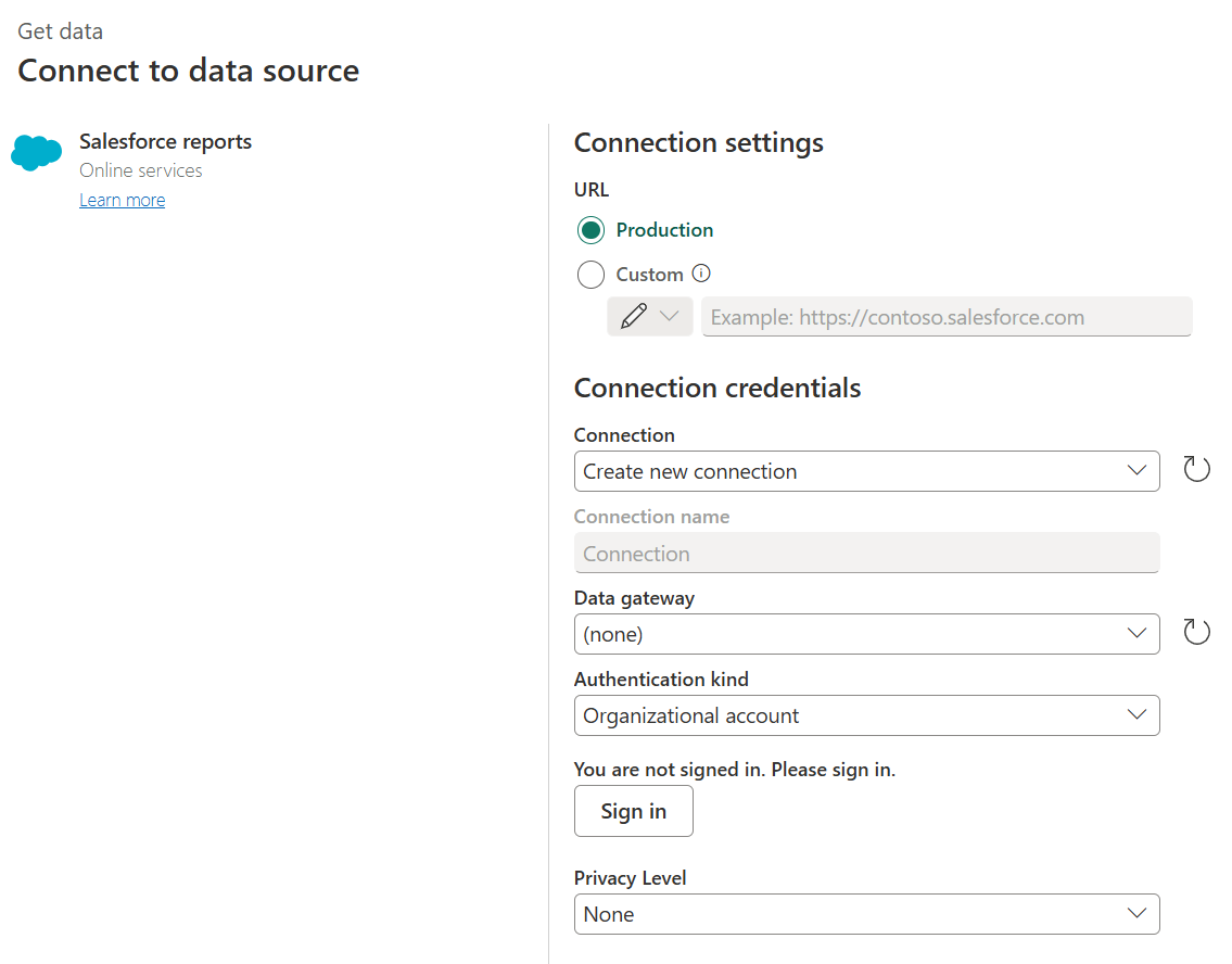 Skjermbilde av Koble til datakilde-vinduet hvor du legger til Salesforce Reports-tilkoblingsinformasjon.