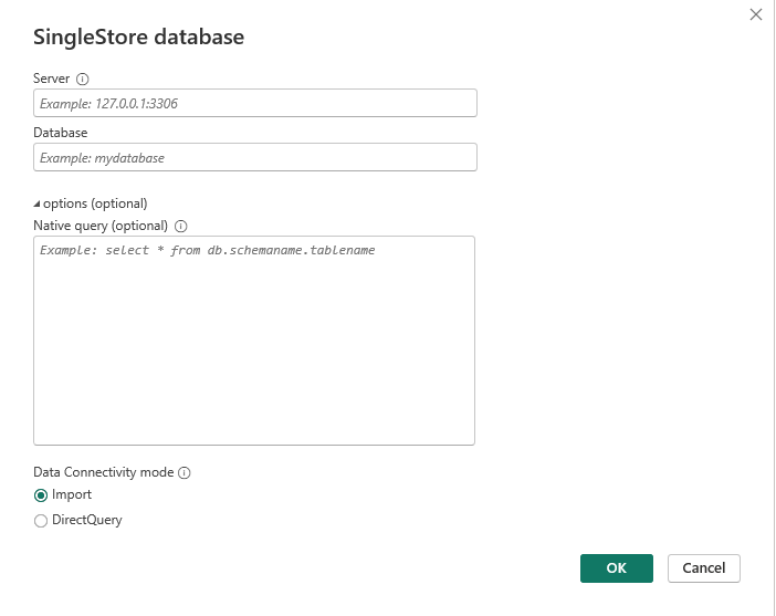 Skriv inn server-IP / vertsnavn og database og velg tilkoblingsmodus.