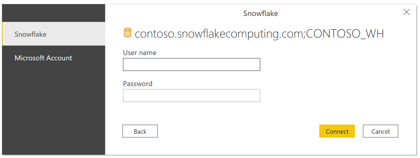 Skjermbilde av Snowflake-opplysningsprompten, som viser feltene Brukernavn og Passord.
