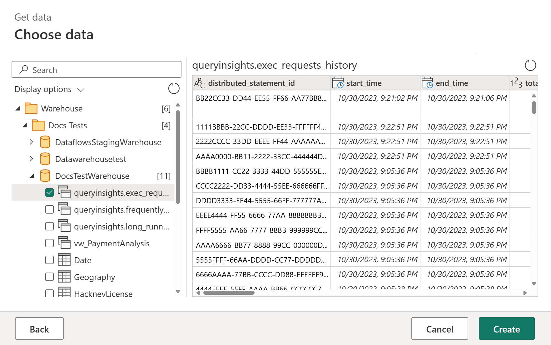 Screenshot of the choose data screen with the test examples item selected and the corresponding data on the right side.