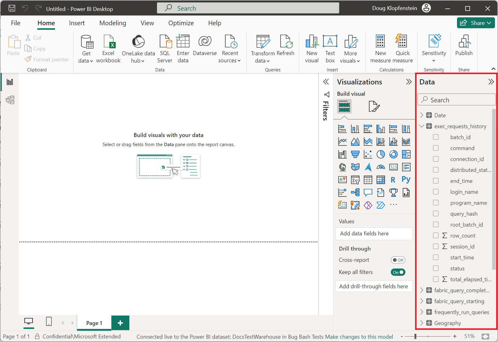 Screenshot of Power BI Desktop with the Data pane emphasized.