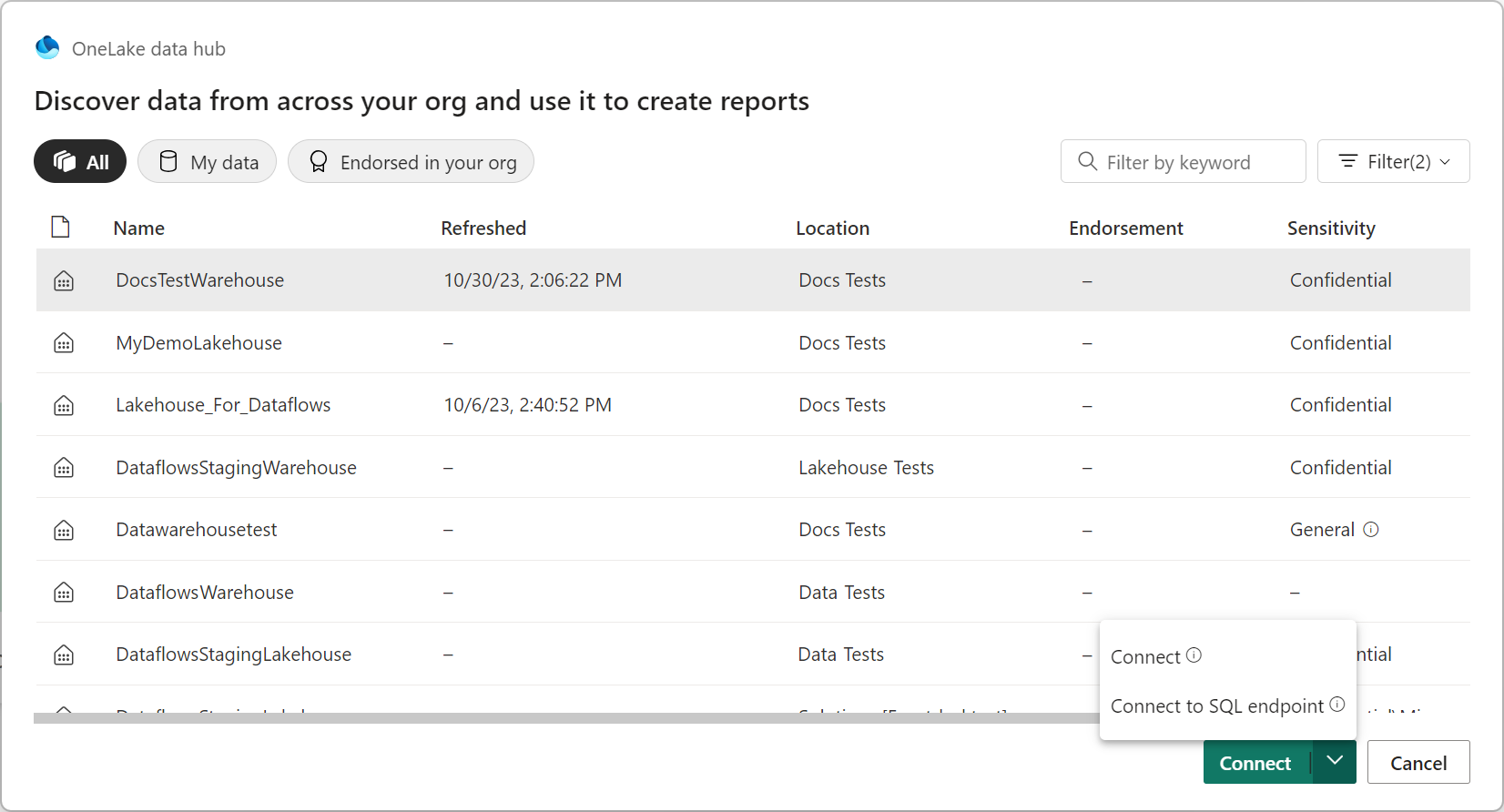 Screenshot of the OneLake data hub dialog with the all button selected, and a list of all the available Warehouses.