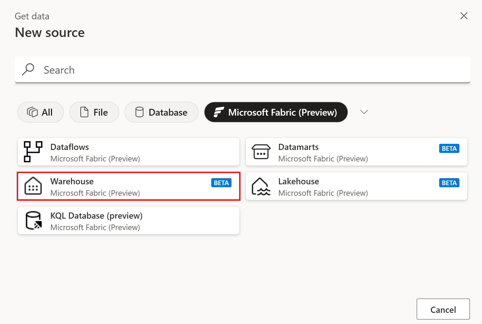 Screenshot of the new source page, with the Microsoft Fabric category selected, and the Warehouse connector emphasized.