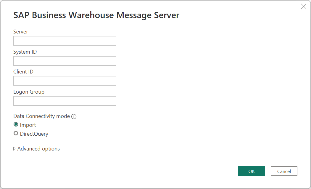 Skriv inn informasjon om SAP Business Warehouse Message Server.