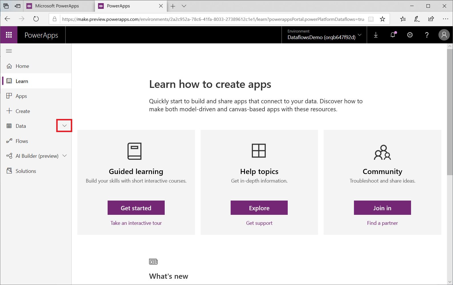 Data-fanen i Power Apps-utviklerportalen.