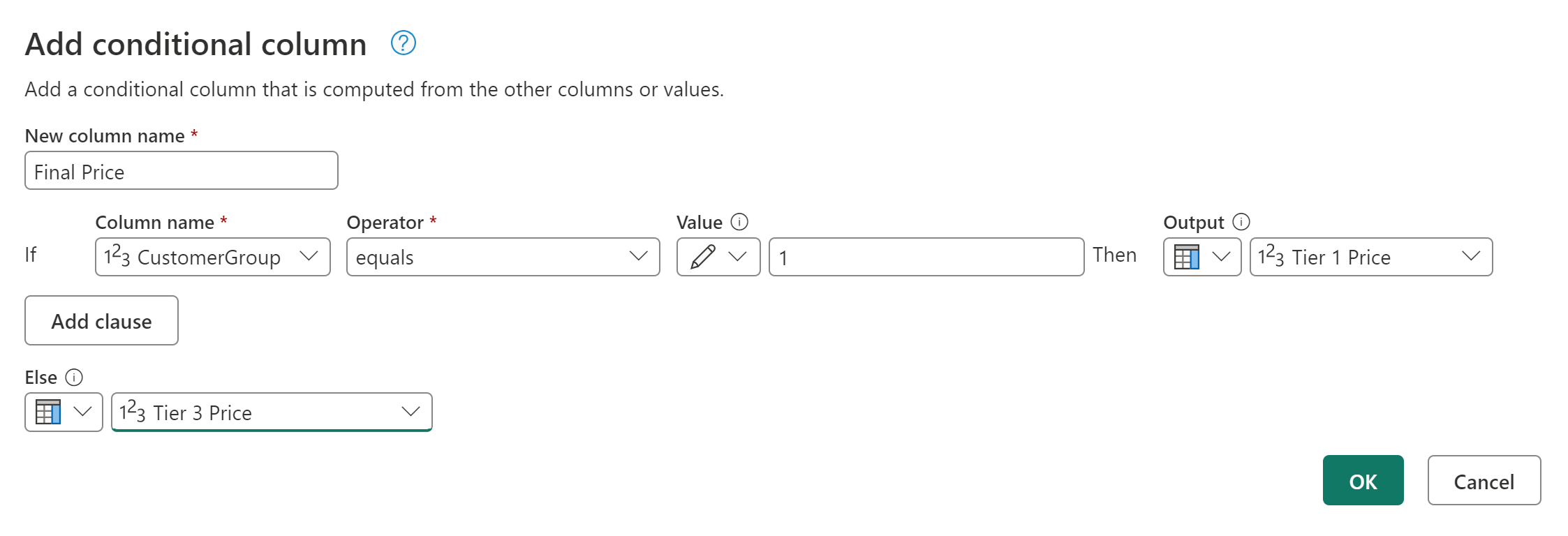 Screenshot of the Add conditional column dialog with all of the example values filled in.