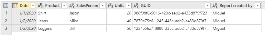Eksempeltabell som inneholder tre rader med data med kolonner for dato, produkt, selger, forener, GUID og rapport opprettet av.